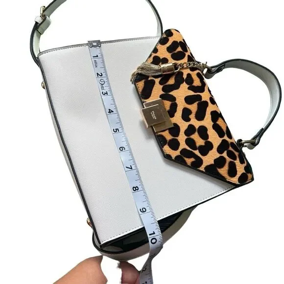 Dune London White Saffiano Leather Leopard Print Calf Hair Fur Trimmed Hand Bag - Picture 15 of 15